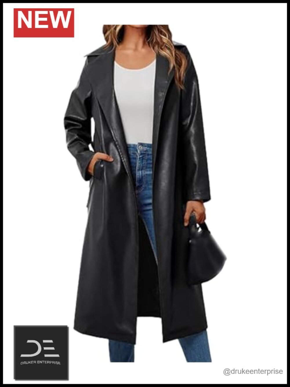 Faux Leather Long Coat Notched Lapel Trench Open Front Maxi Overcoat